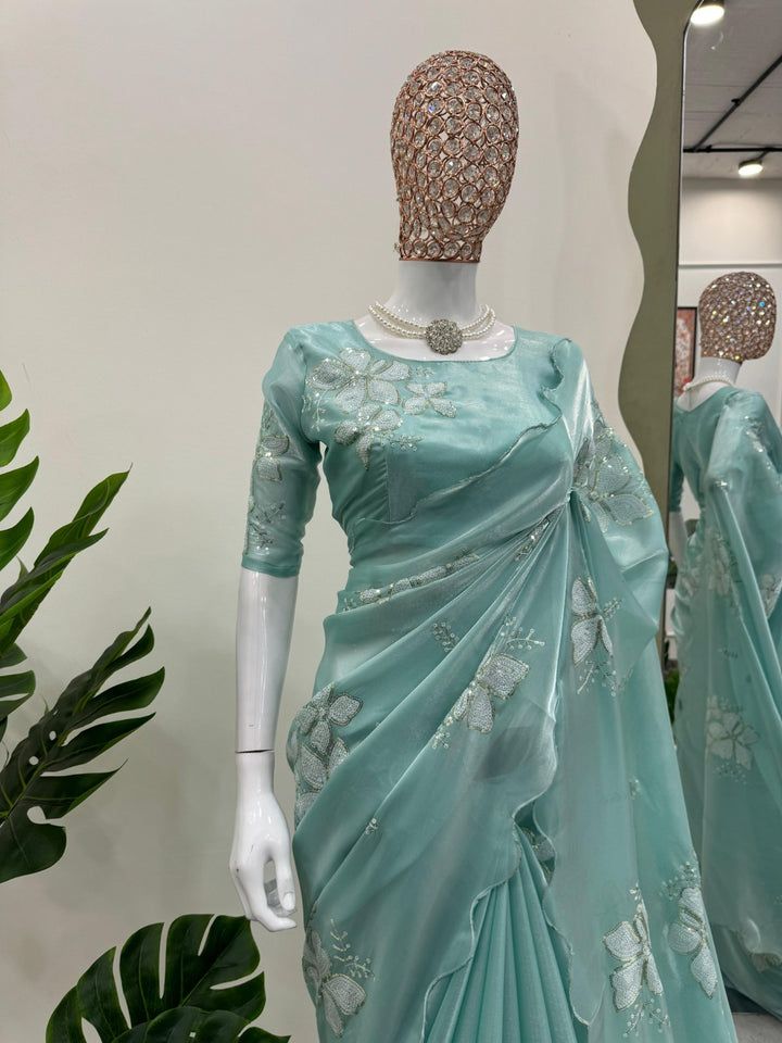 Sea Blue Designer Saree on Jimmy chu Febric with Thred & Sequnce work